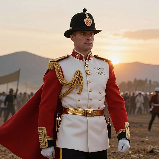 Photograph of a male military officer in a red and white uniform with gold trim, black hat, and white gloves, standing at sunset with a mountain