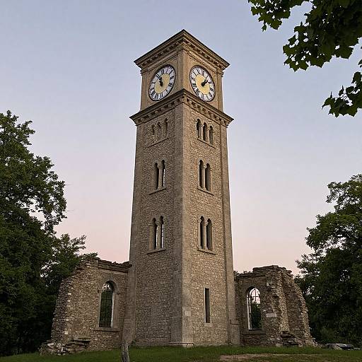 Photograph of a tall, rectangular stone clock tower with four white clock faces, surrounded by lush green trees and ancient stone ruins at sunset.