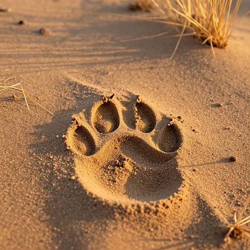 Photograph of a detailed dog paw print in golden sand, with dry grass tufts in the background, illuminated by warm sunlight.