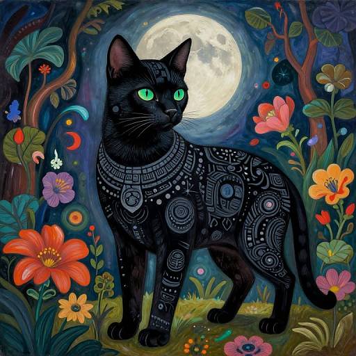 Digital painting of a black cat with intricate white patterns, glowing green eyes, standing under a full moon in a vibrant, colorful forest filled with vivid flowers