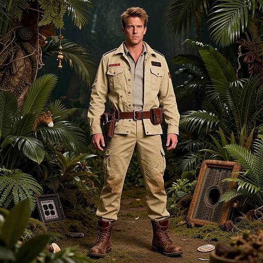 Photograph of a rugged, blonde-haired man in a beige military-style outfit, standing amidst lush jungle foliage with a speaker and backpack on the ground.