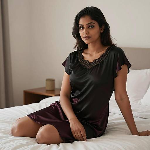 South Asian Woman in Satin Nightdress Sitting on Bed