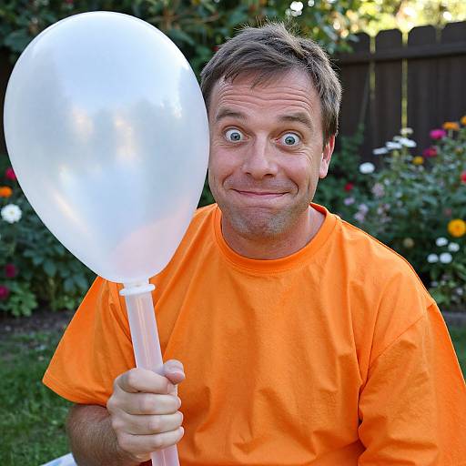 Middle-aged man with short brown hair, wearing an orange shirt, holding a glowing white balloon, smiling wide-eyed outdoors in a garden.