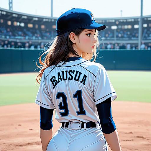 Photograph of a young woman with long brown hair wearing a white baseball uniform with 