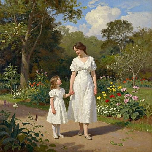 Digital painting of a mother and daughter holding hands in a vibrant, sunlit garden. Both wear white dresses, surrounded by colorful flowers and lush greenery