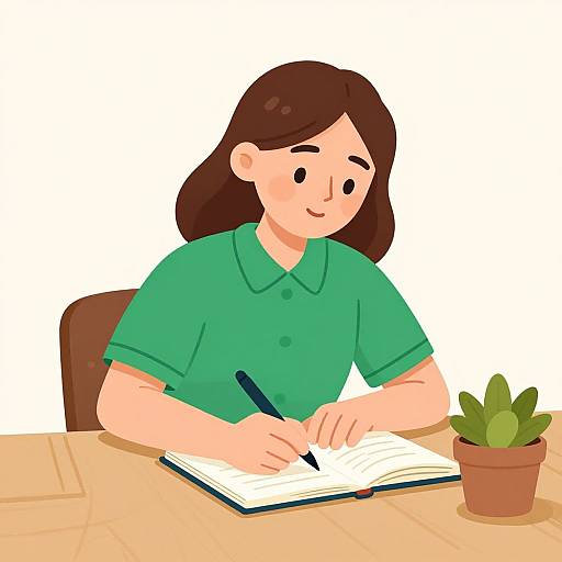 Cartoon-style illustration of a brown-haired girl in a green polo shirt writing in an open notebook at a wooden table with a potted plant nearby.