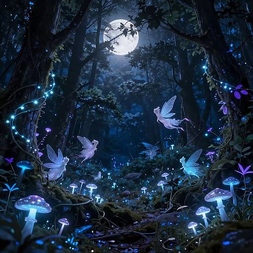 Digital fantasy artwork of a moonlit forest with glowing blue butterflies, ethereal white fairies, and bioluminescent mushrooms, surrounded by twinkling