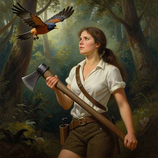Digital painting of a young, fair-skinned woman with brown hair, wearing a white shirt and brown shorts, holding an axe, with a bird flying