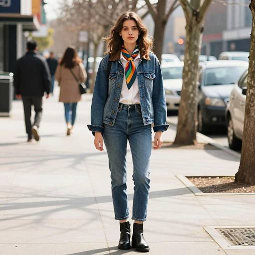 Photograph of a young woman with wavy brown hair, wearing a denim jacket, white shirt, colorful scarf, blue jeans, and black boots,