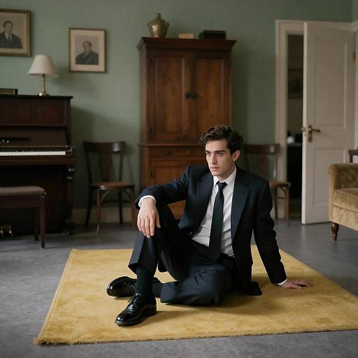 Man in Dark Suit Sitting on Yellow Rug