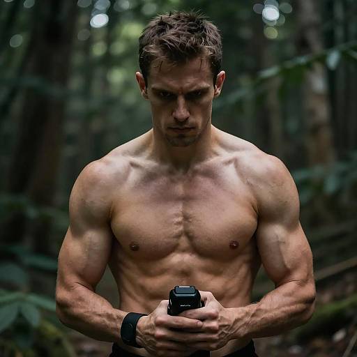 Intense Shirtless Man in Forest Setting