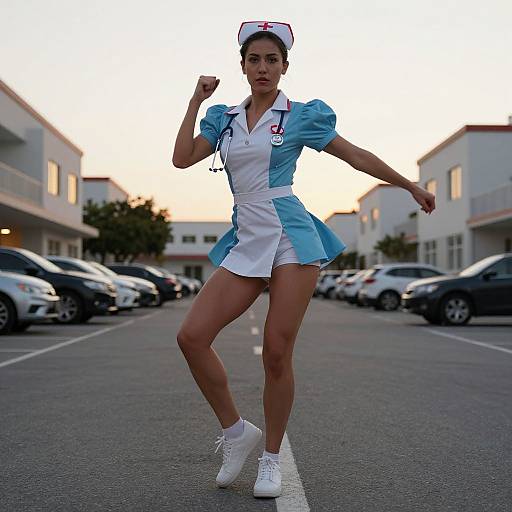 Photograph of a fit woman in a blue and white nurse uniform with a cap, white shoes, and stethoscope, striking a dynamic pose in