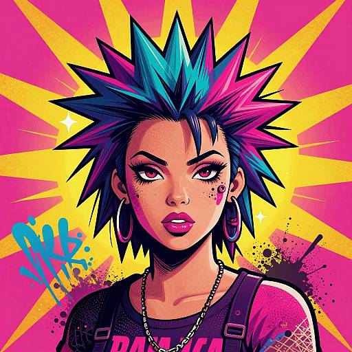 Digital pop art portrait of a punk woman with blue and pink spiky hair, hoop earrings, bold makeup, and a black shirt, against a vibrant