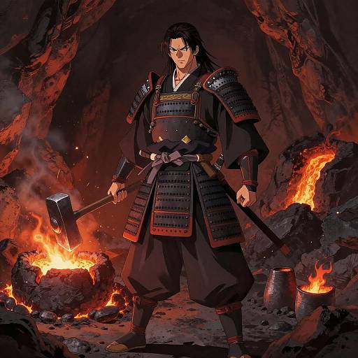 Anime Samurai Warrior in Volcanic Forge
