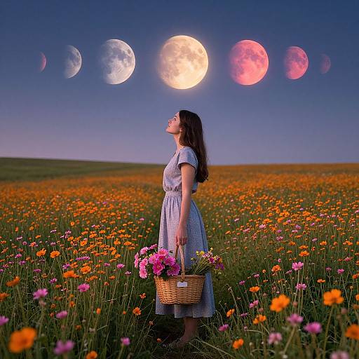Photograph of a woman in a blue dress, holding a basket of flowers, standing in a vibrant orange and pink flower field under a twilight sky with