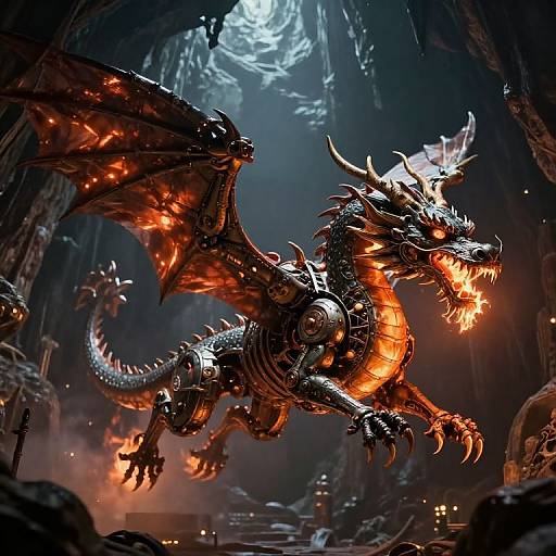 Digital artwork of a fiery, mechanical dragon with glowing orange scales and sharp, metallic spikes, roaring in a dark, cavernous, industrial setting.