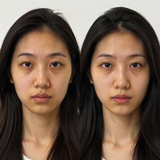 Photograph of two identical East Asian women with long black hair, fair skin, and neutral expressions against a white background.
