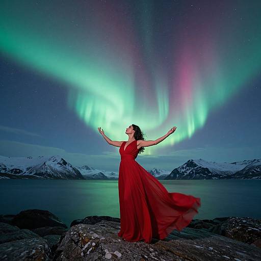 Photograph of a woman in a flowing red dress, arms raised, standing on a rock against a stunning aurora borealis over a snowy, mountain