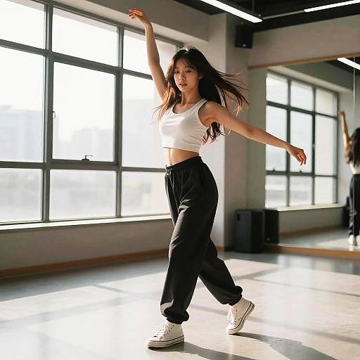 Photograph of a young Asian woman with long black hair, wearing a white crop top, black sweatpants, and white sneakers, dancing in a sun