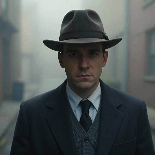 Photograph of a serious, dark-haired man in a black suit, gray vest, white shirt, black tie, and brown hat, standing in a