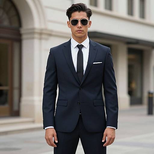 Photograph of a handsome Asian man in a black suit, white shirt, black tie, and sunglasses, standing confidently on a city street with arched