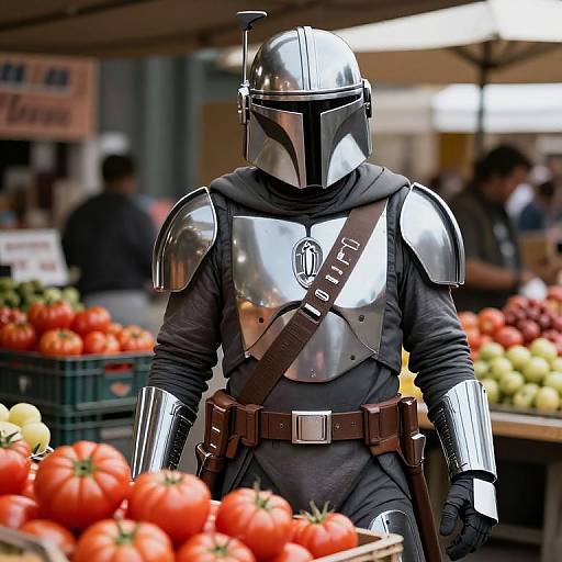 Photograph of a person in Mandalorian armor standing in a bustling farmer's market, surrounded by red tomatoes, green apples, and blurred market stalls.