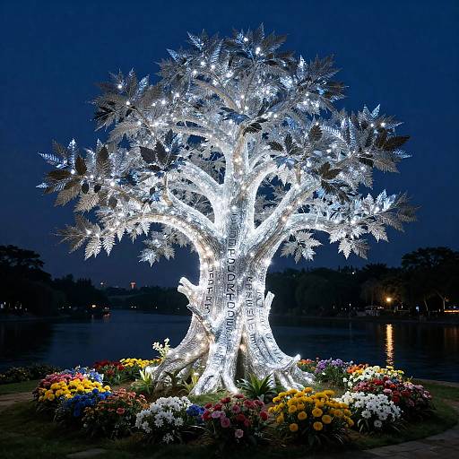 Colossal Glowing Silver-Leaf Tree on Riverbank