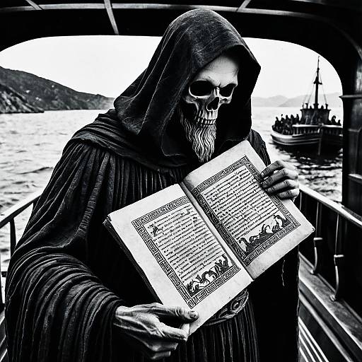 Wraithlike figure holding ancient scroll on ferry