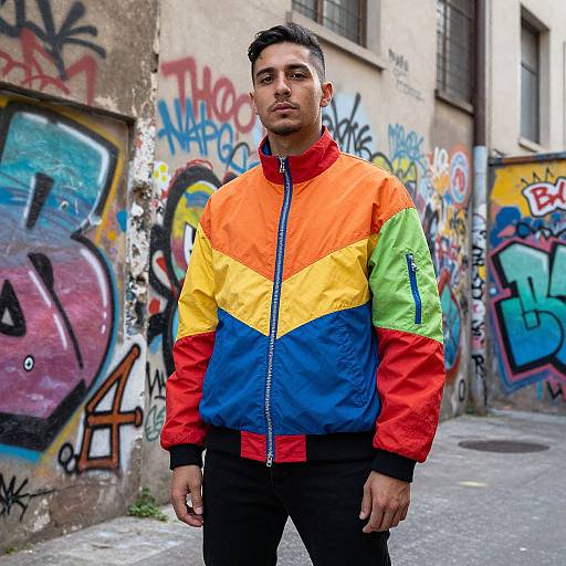 Photograph of a young man with short black hair, wearing a vibrant, multicolored zip-up jacket (red, orange, yellow, blue,
