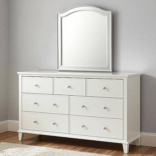 Photograph of a white, six-drawer dresser with silver knobs and a rectangular mirror above, set against a light gray wall and wooden floor.