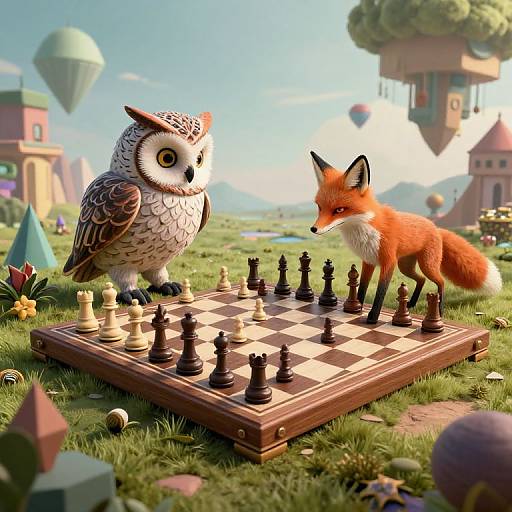 Photorealistic CGI: Cartoon owl and fox playing chess on a grassy field with colorful floating buildings and balloons in the background.