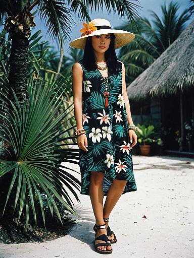 Tropical Woman with Hat, Flower, Jewelry