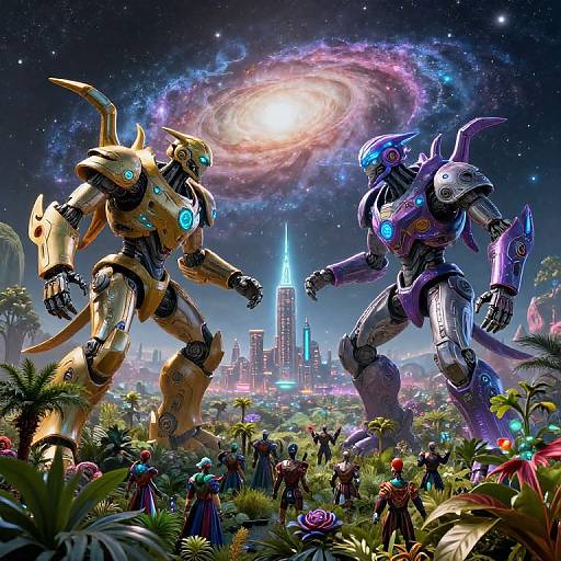Digital CGI artwork: Two glowing, robotic warriors with horns clash in a vibrant, sci-fi jungle under a spiral galaxy, with a futuristic cityscape and