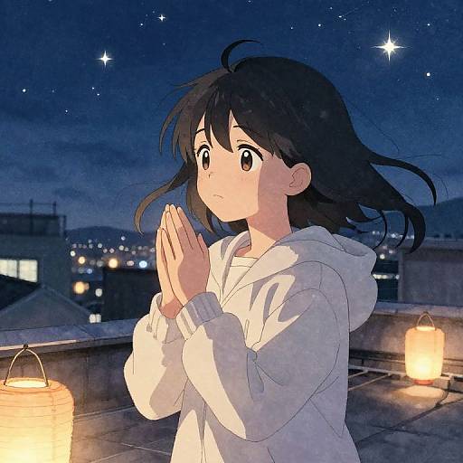 Anime-style digital drawing of a black-haired girl with wide eyes, hands clasped in prayer, wearing a white hoodie, under a starry night sky