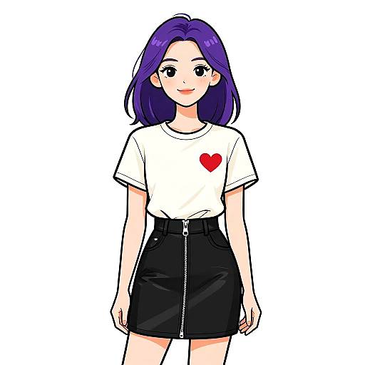 Digital anime-style drawing of a smiling young woman with purple hair, wearing a white heart-shirt and black high-waisted skirt.
