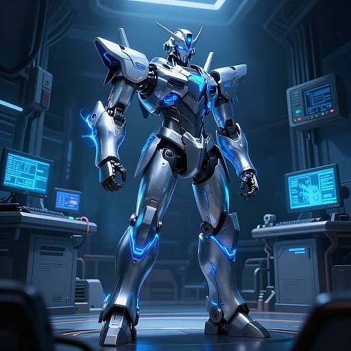 CGI image of a futuristic, silver and blue, glowing robotic warrior standing in a high-tech control room with multiple screens displaying data.