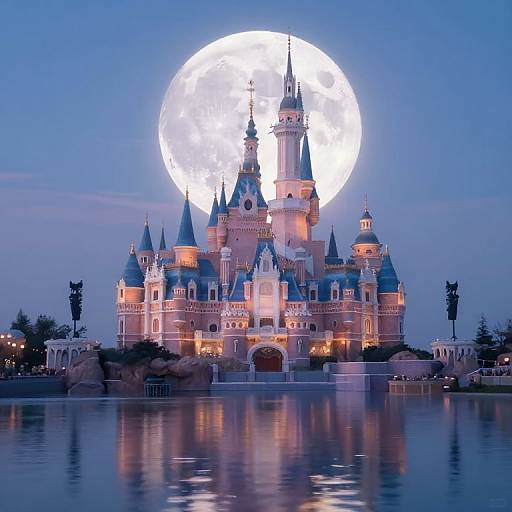 Photograph of a fairy-tale castle illuminated by a large, bright full moon at dusk, reflecting in a calm lake below.