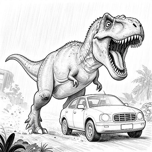 Giant T-Rex Chasing Car Sketch