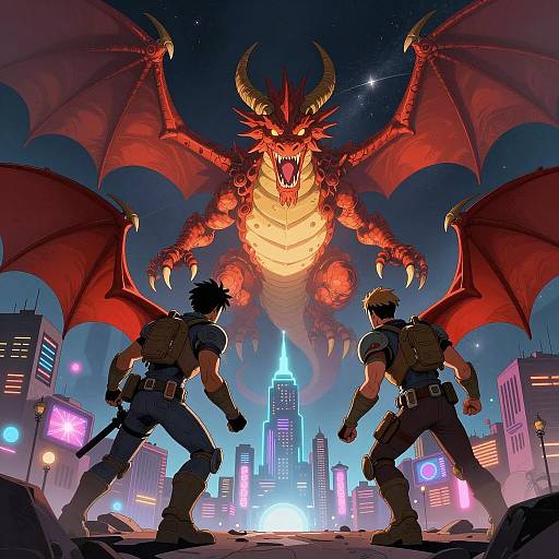 Epic Battle with Giant Celestial Dragon in Neon City