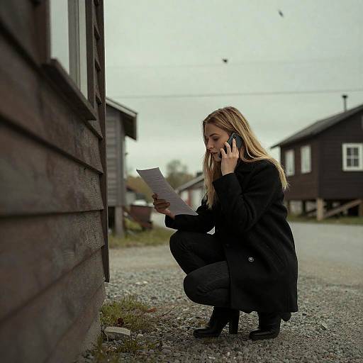 Blonde Woman Crouching by Wooden Building