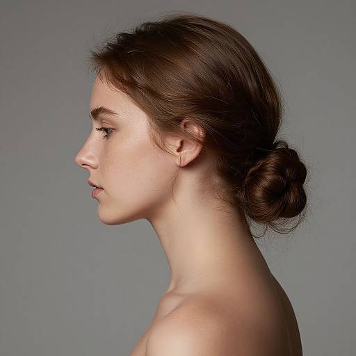 Photograph of a young woman in profile, light skin, brown hair in a low bun, bare shoulders, neutral gray background.