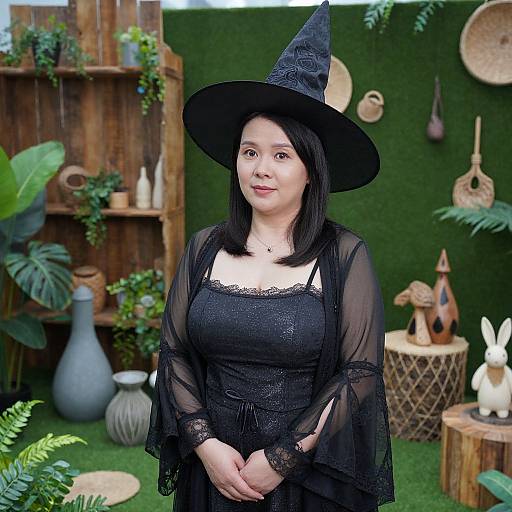 Photograph of a smiling Asian woman in a black witch costume with a pointed hat, standing in a green, plant-filled garden.