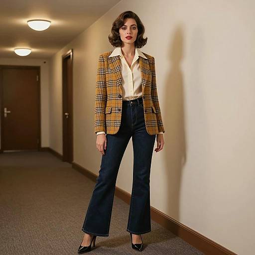 1970s Fashion Woman in Plaid Blazer and Flared Jeans