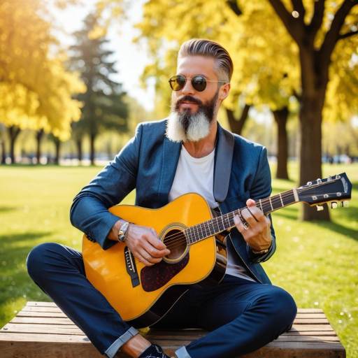 Stylish mature man playing guitar in park