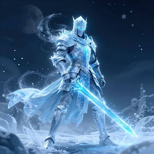 Digital fantasy artwork of a glowing blue-armored knight wielding a crystalline sword, standing in a snowy, star-filled night landscape.
