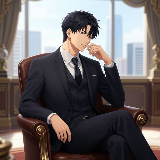 Anime-style digital drawing of a black-haired man in a black suit, sitting in an ornate chair, hand near his chin, with a cityscape