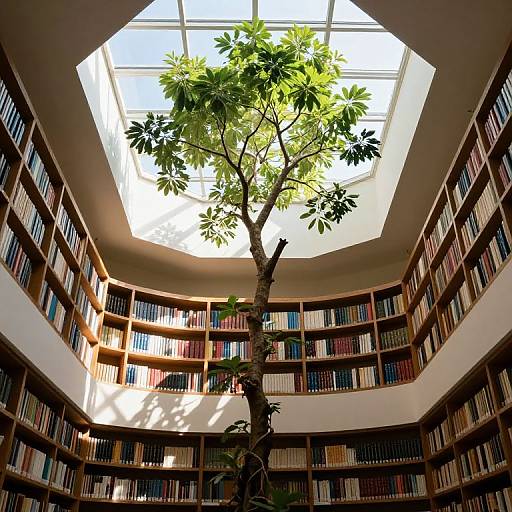 Photograph of a sunlit, multi-story library with a central tree, surrounded by shelves of colorful books, under a large skylight.