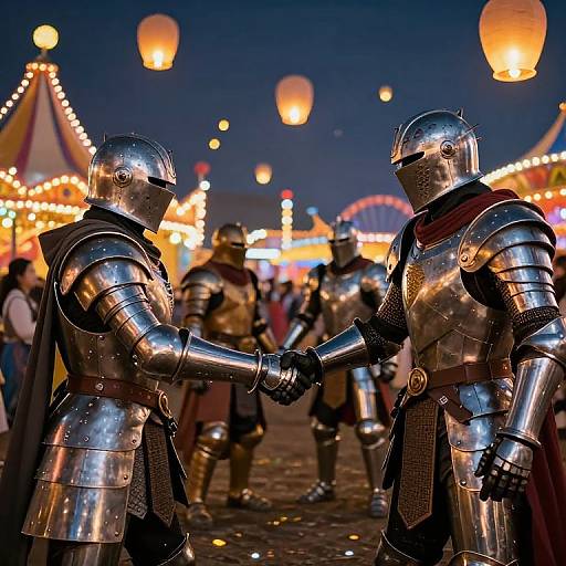 Photograph of two armored knights in shiny steel armor shaking hands at a nighttime carnival, with lit lanterns and colorful tents in the background.