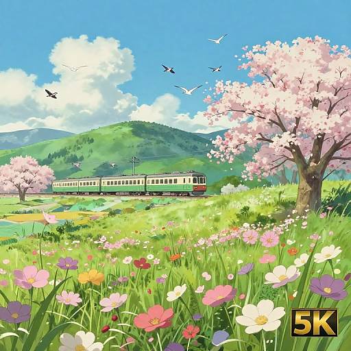 Digital anime-style landscape of a white train traveling through vibrant green fields with cherry blossoms, colorful flowers, and birds, under a bright blue sky.