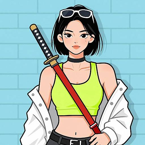 Vibrant Asian Warrior with Katana